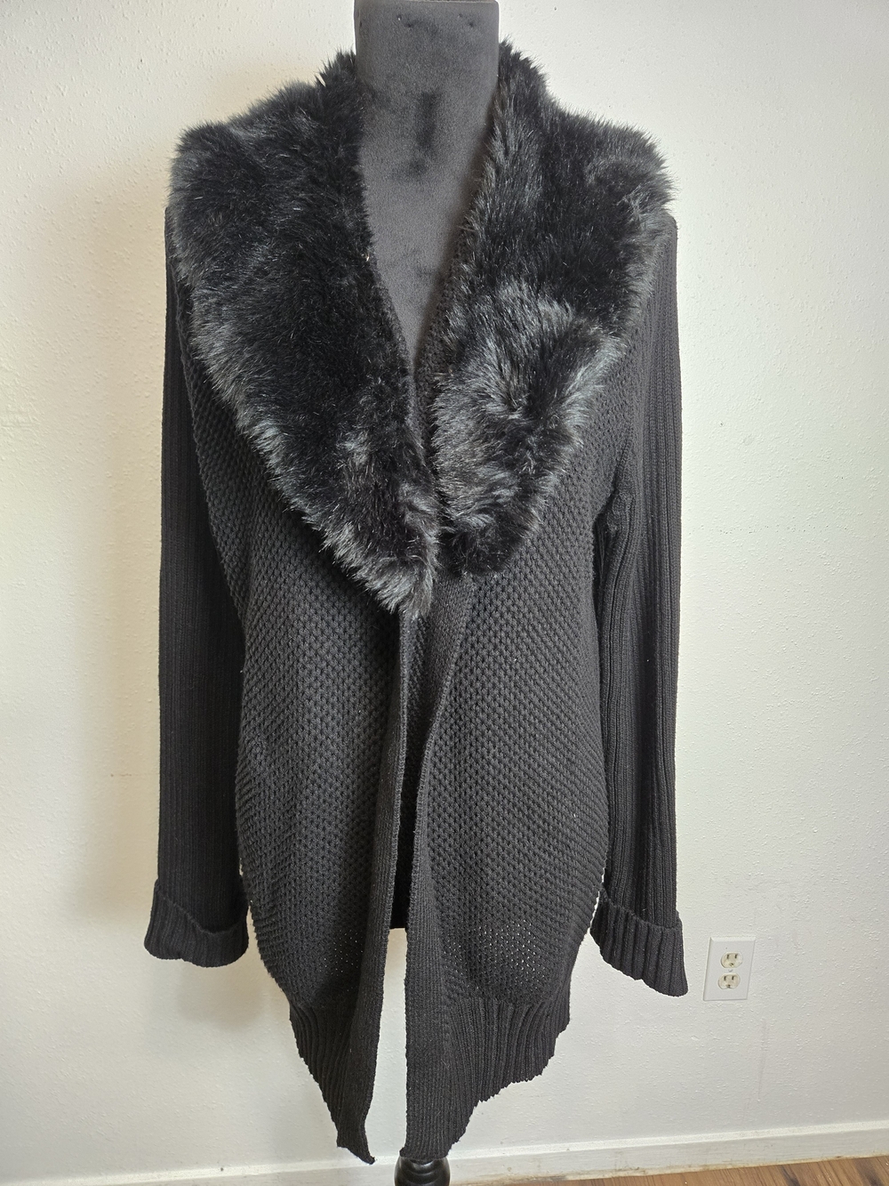 Vince Camuto Black Knit Cardigan with Faux Fur Collar